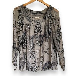 Giusy Italy 100% Silk Long Sleeve Sheer Paisley Floral Peasant Blouse Size S